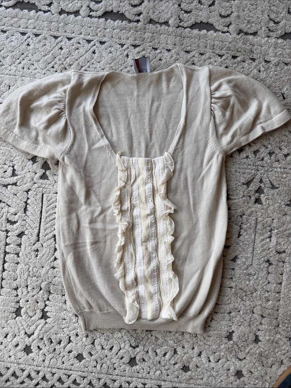 RED Valentino Cream Short Sleeve Ruffle-Front Knit Top